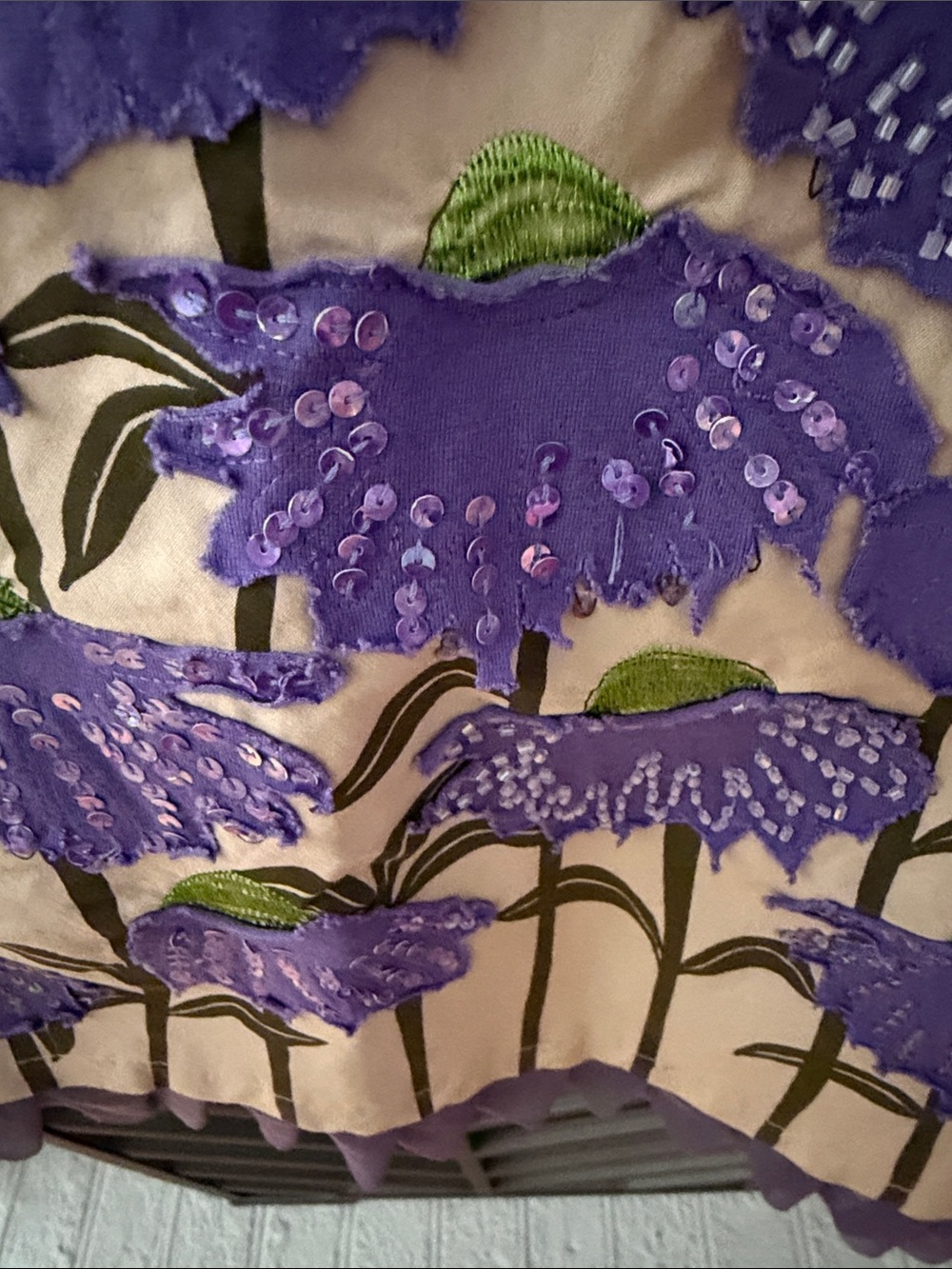 Basil + Maude Beige A-Line Skirt with Purple Floral Appliqué - Picture 6 of 14
